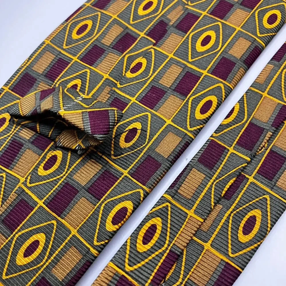 Coach Tie 60” x 3.75” 100% Italian Silk Green Red Yellow Geometric Preppy Career